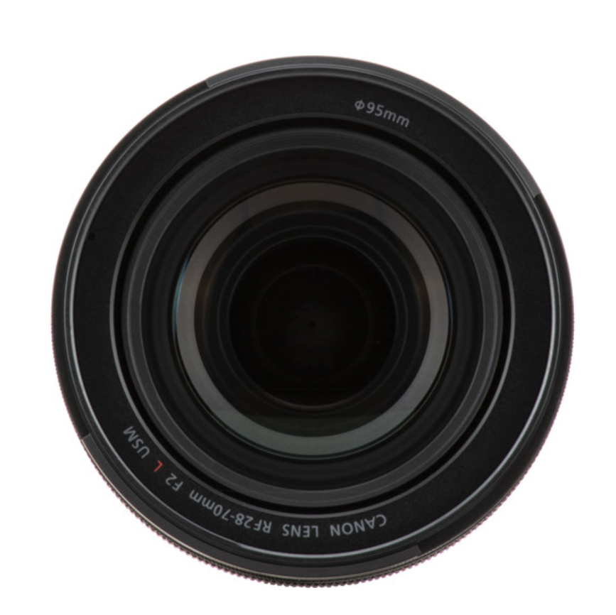 The image shows the Canon RF 28-70mm f/2 L USM Lens, focusing on the lens itself with a black background.