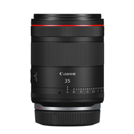 A Canon RF 35mm f/1.4 L VCM Lens with focus and iris rings visible, predominantly black in color.