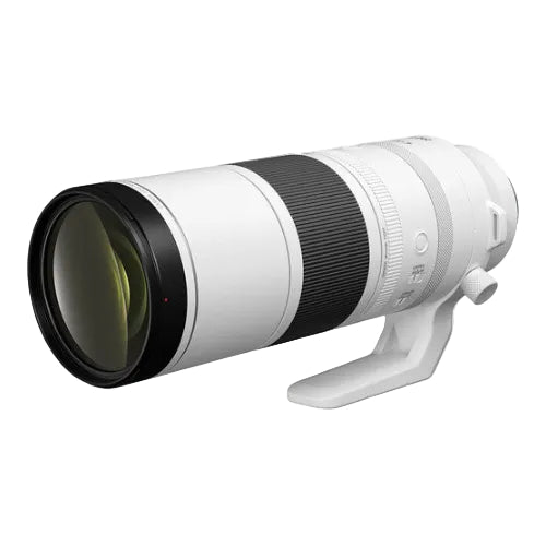 A Canon RF 200-800mm f/6.3-9 IS USM Lens against a white background, showcasing its elongated design with zoom and focus controls.
