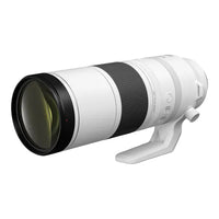 A Canon RF 200-800mm f/6.3-9 IS USM Lens against a white background, showcasing its elongated design with zoom and focus controls.