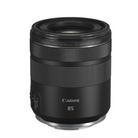 A Canon RF 85mm f/2 Macro IS STM Lens against a white background.