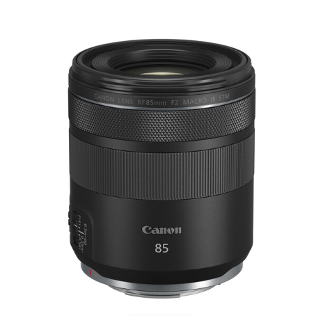 A Canon RF 85mm f/2 Macro IS STM Lens against a white background.