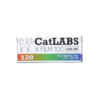 CatLABS X 100 ISO 120 color negative film box with a white background, cat logo, and bold typography.