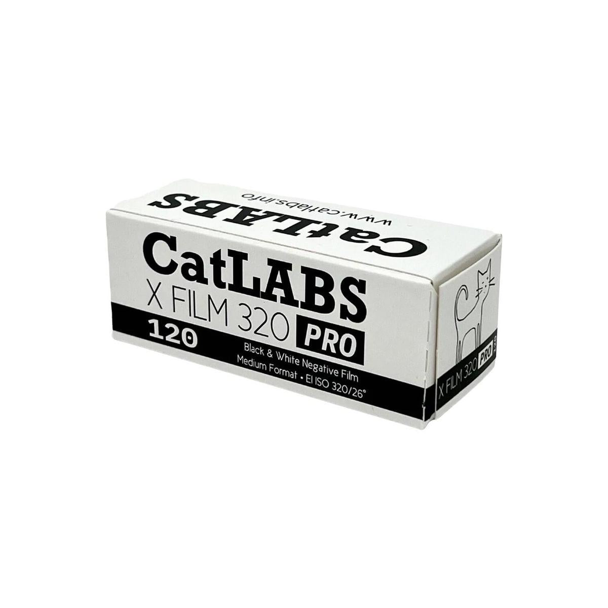 White box of CatLABS X 320 Pro 120 black and white film with bold black text and a small cat illustration.
