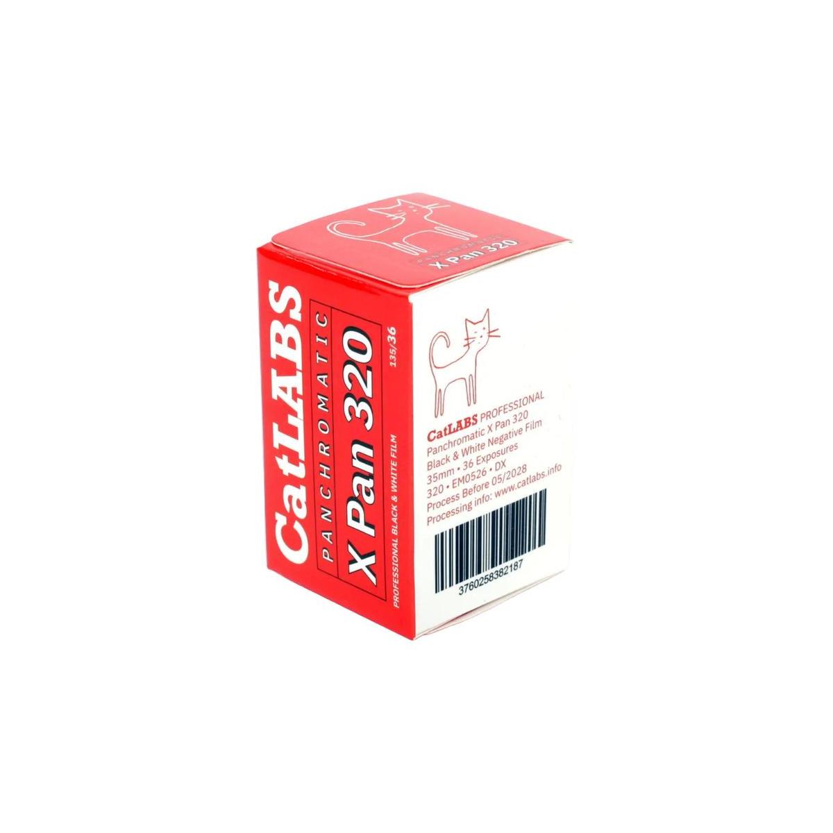 A boxed film package for CatLABS Panchromatic X Pan 320 negative film, shown at an angle on a white background. The box is primarily red and white with black text and a small cat line drawing.