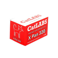 A red and white box of CatLABS Panchromatic X Pan 320 film, featuring a minimalist white cat outline on the side panel.