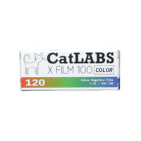 A box of CatLABS X Film 100 Color 120 Negative Films with a cat illustration and color spectrum on the packaging.