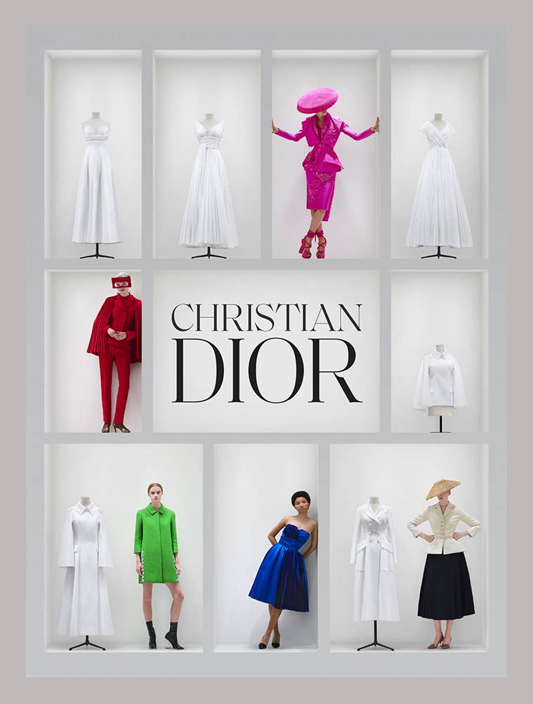 Display of Christian Dior fashion with mannequins wearing various outfits.