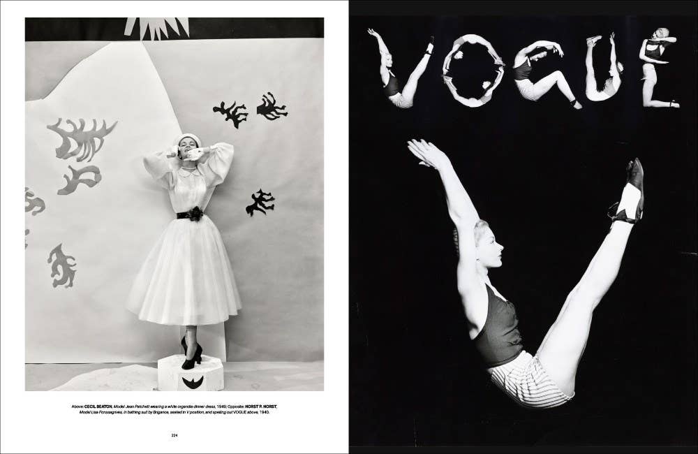 Black and white fashion magazine spread with a model in a dress and 'Vogue' logo.