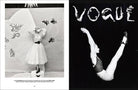 Black and white fashion magazine spread with a model in a dress and 'Vogue' logo.