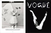 Black and white fashion magazine spread with a model in a dress and 'Vogue' logo.