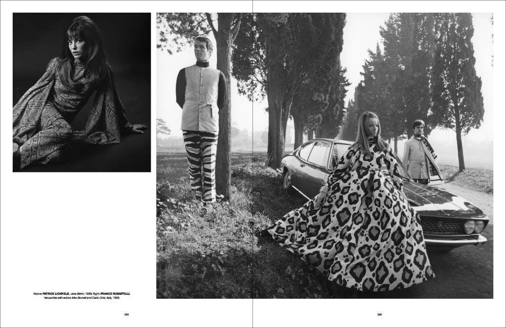 Page from a magazine featuring a model in a leopard print dress outdoors with a car and trees in the background.