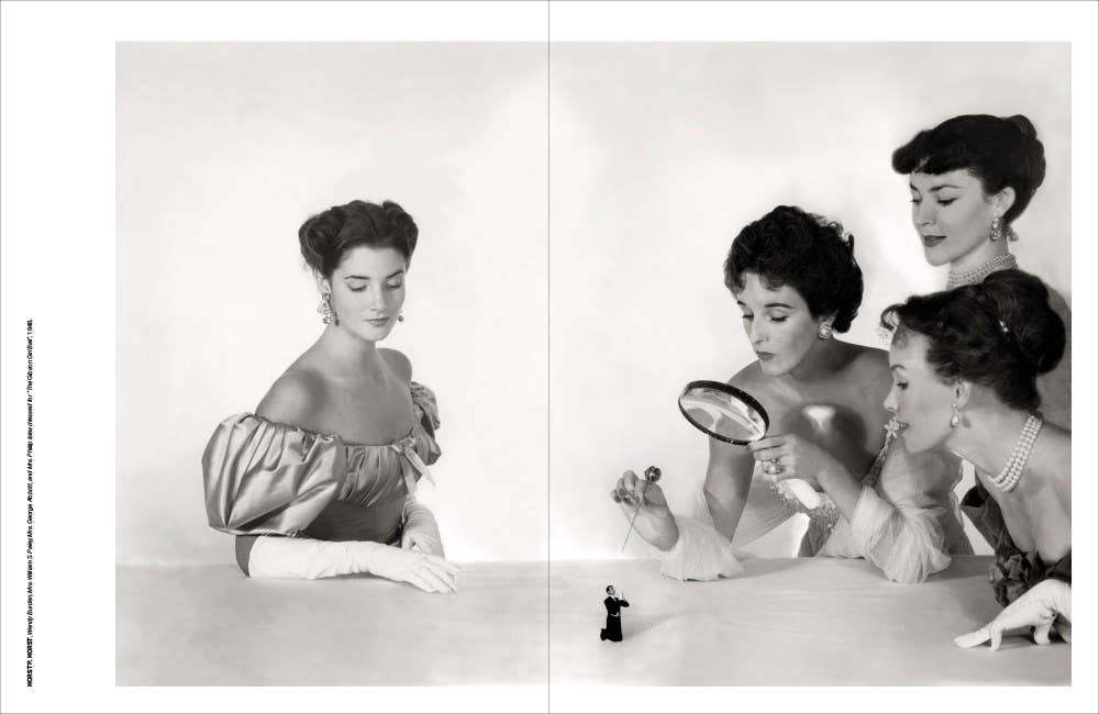 Black and white split-screen image of a woman applying makeup.