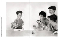 Black and white split-screen image of a woman applying makeup.