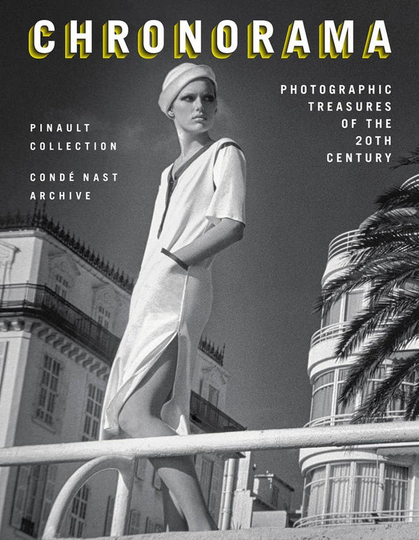 Black and white photo of a woman in a dress with architectural background, featuring 'Chronorama' text.