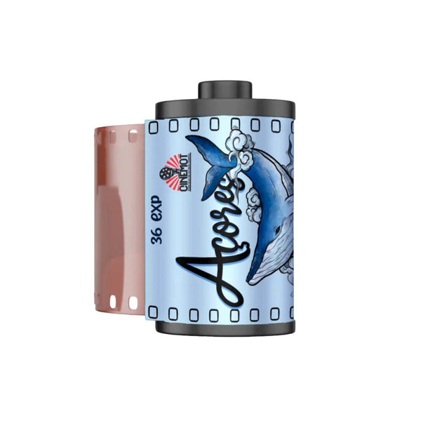 A roll of 36 exp photographic film with a light blue and white design featuring a blue whale illustration and the brand name 'Acores'.