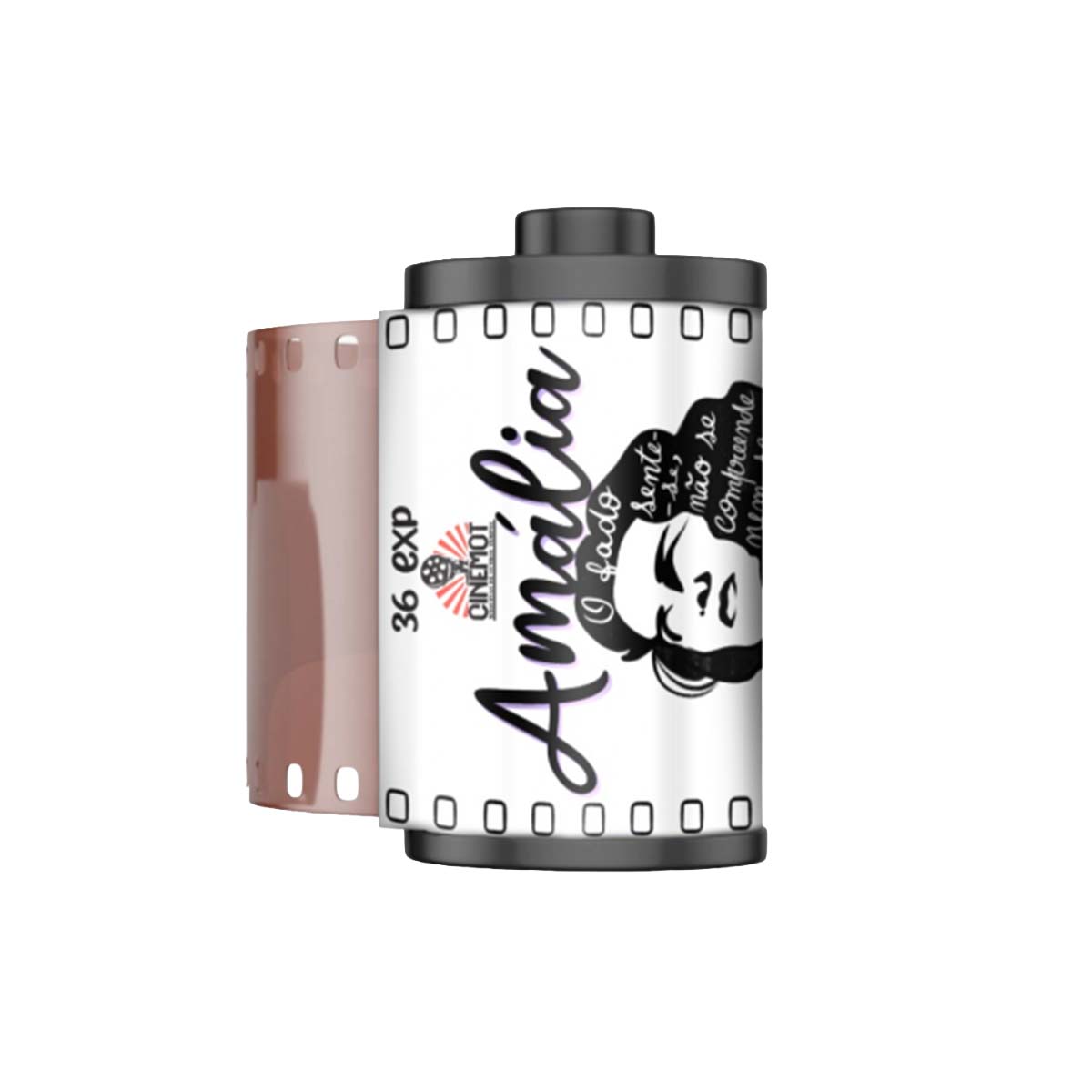 A 36-exposure film canister labeled 'Amalia' with a partially exposed brown film strip, shown on a plain white background.