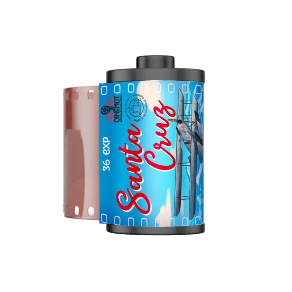 A roll of Santa Cruz 36 exp film with a blue and red label, shown with a partially exposed pink film strip behind it on a white background.