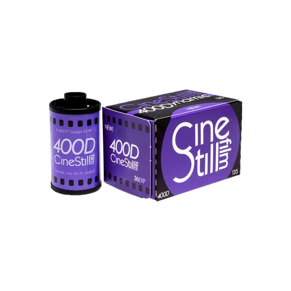 CineStill 400Dynamic 35mm color film roll and box in purple and black packaging with 36 exposures.