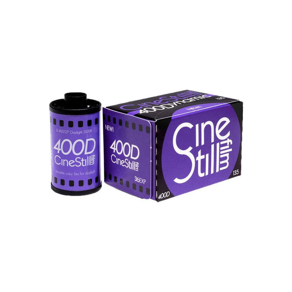 CineStill 400Dynamic 35mm color film roll and box in purple and black packaging with 36 exposures.