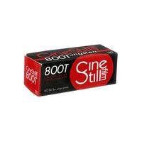 CineStill 800Tungsten 120 medium format color film box in black and red packaging.