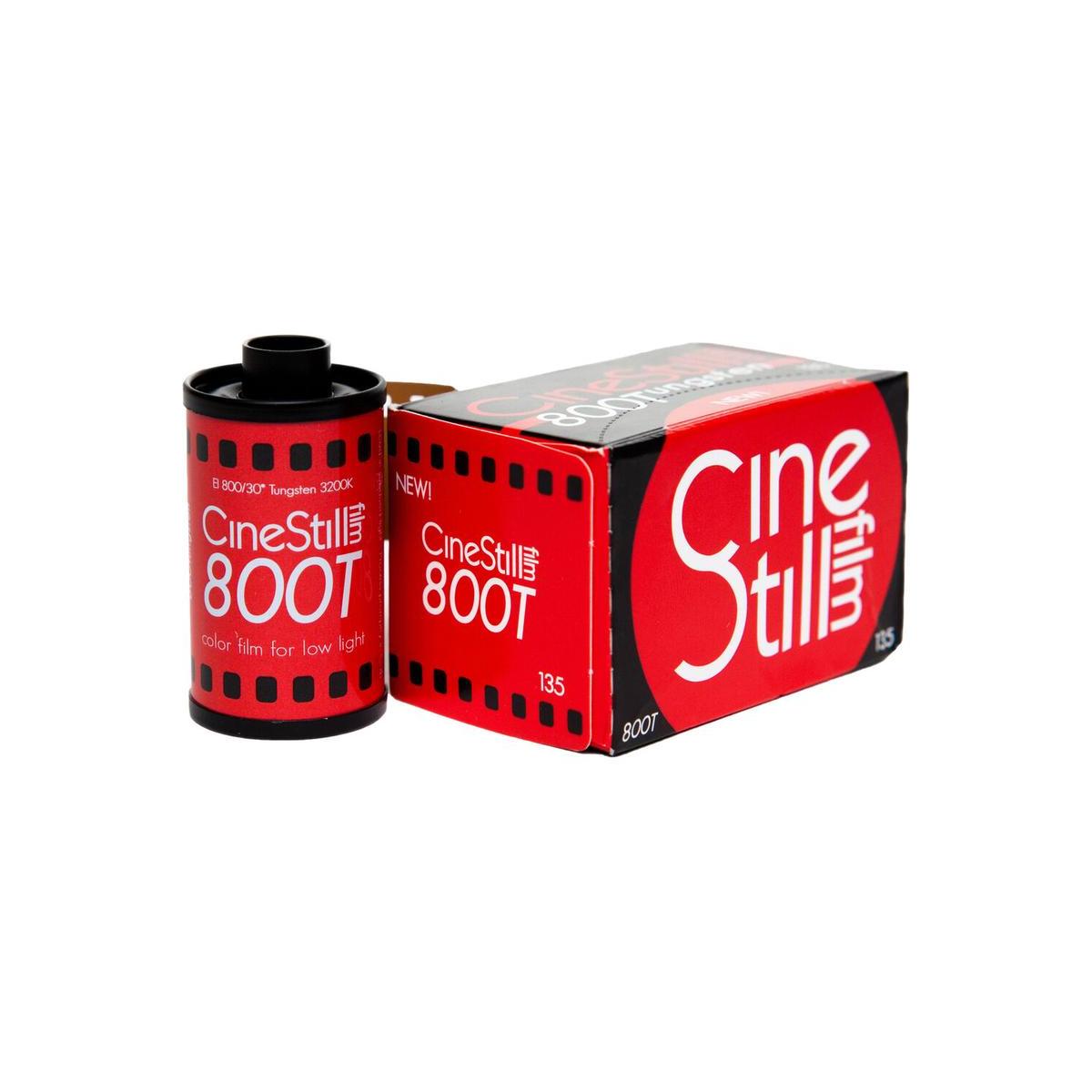 CineStill 800T 35mm color film canister and red cardboard box packaging on a white background.