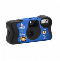 A blue and black disposable camera with 'Cinema Lot' and 'Lisbon' branding, featuring a graphic of a Portuguese pastel pastel de leite, on a plain white background.