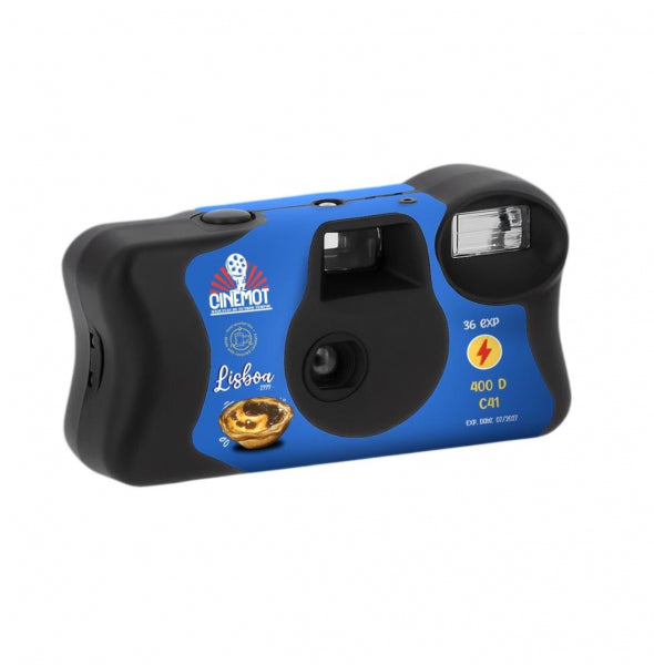 A blue and black disposable camera with 'Cinema Lot' and 'Lisbon' branding, featuring a graphic of a Portuguese pastel pastel de leite, on a plain white background.