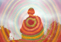 A colorful abstract artwork showing a seated human silhouette in the center, surrounded by concentric rainbow-like rings and stylized trees at the bottom.