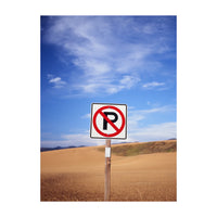 No parking sign in a field with a blue sky