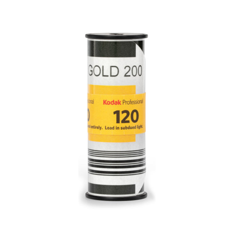 A single roll of Kodak Professional Gold 200 film, loaded to grade 120, shown vertically on a clean white background.