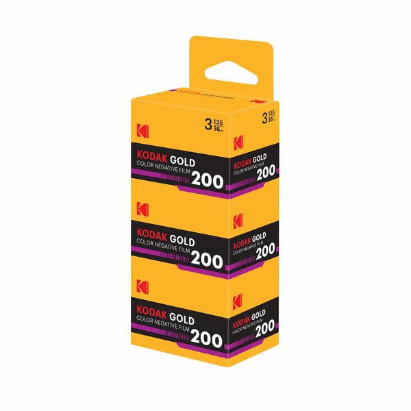 A package of three Kodak Gold Color Negative Film 200 rolls stacked vertically on a white background.