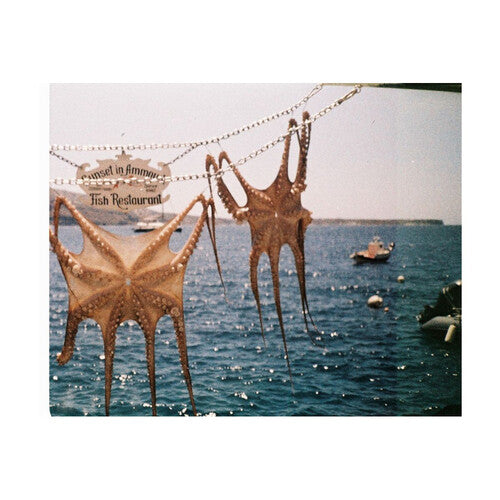 Decorative octopus models hanging over a body of water with boats and a restaurant sign in the background.