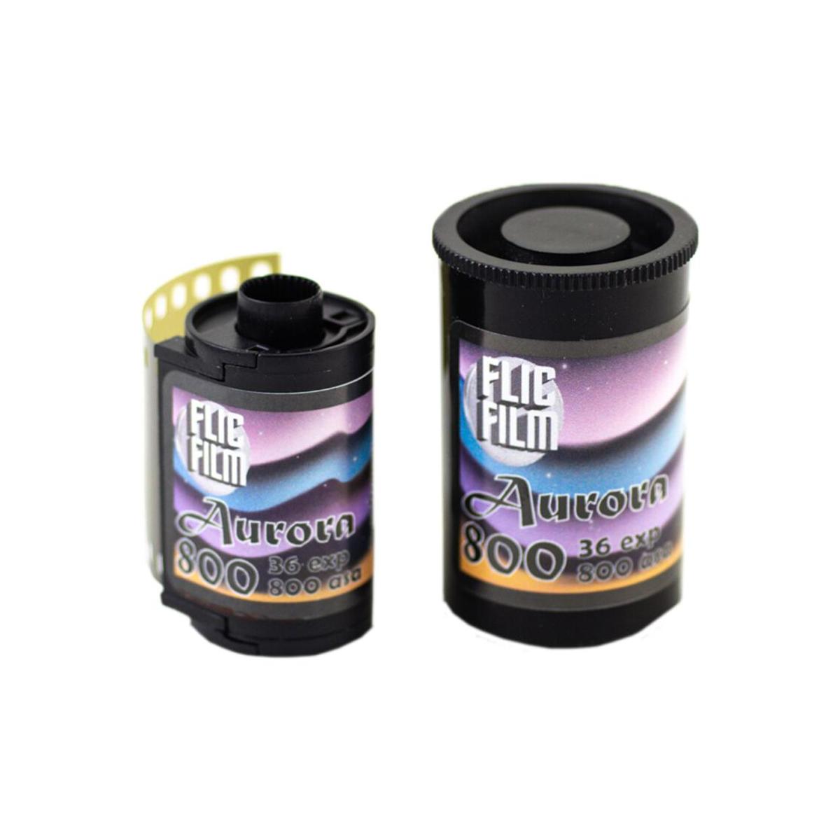 Two rolls of FLIC Film Aurora 800 ISO 35mm color negative film with black canisters and purple aurora-themed labels.