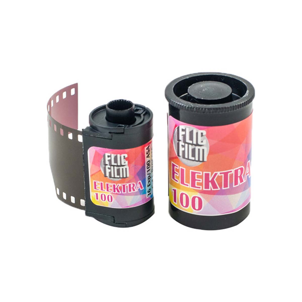 Two black 35mm film canisters labeled FLIC Film Elektra 100 with a colorful geometric design and exposed film strip.
