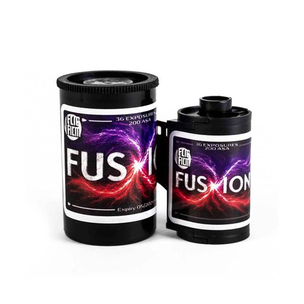 Two black film canisters with colorful labels reading 'Fusion' and 'Expiro' on a plain white background.
