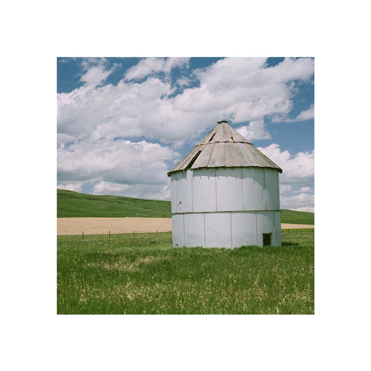 White grain silo in a grassy field under a blue sky, captured with the soft, natural aesthetic of FLIC Fusion 200 film.