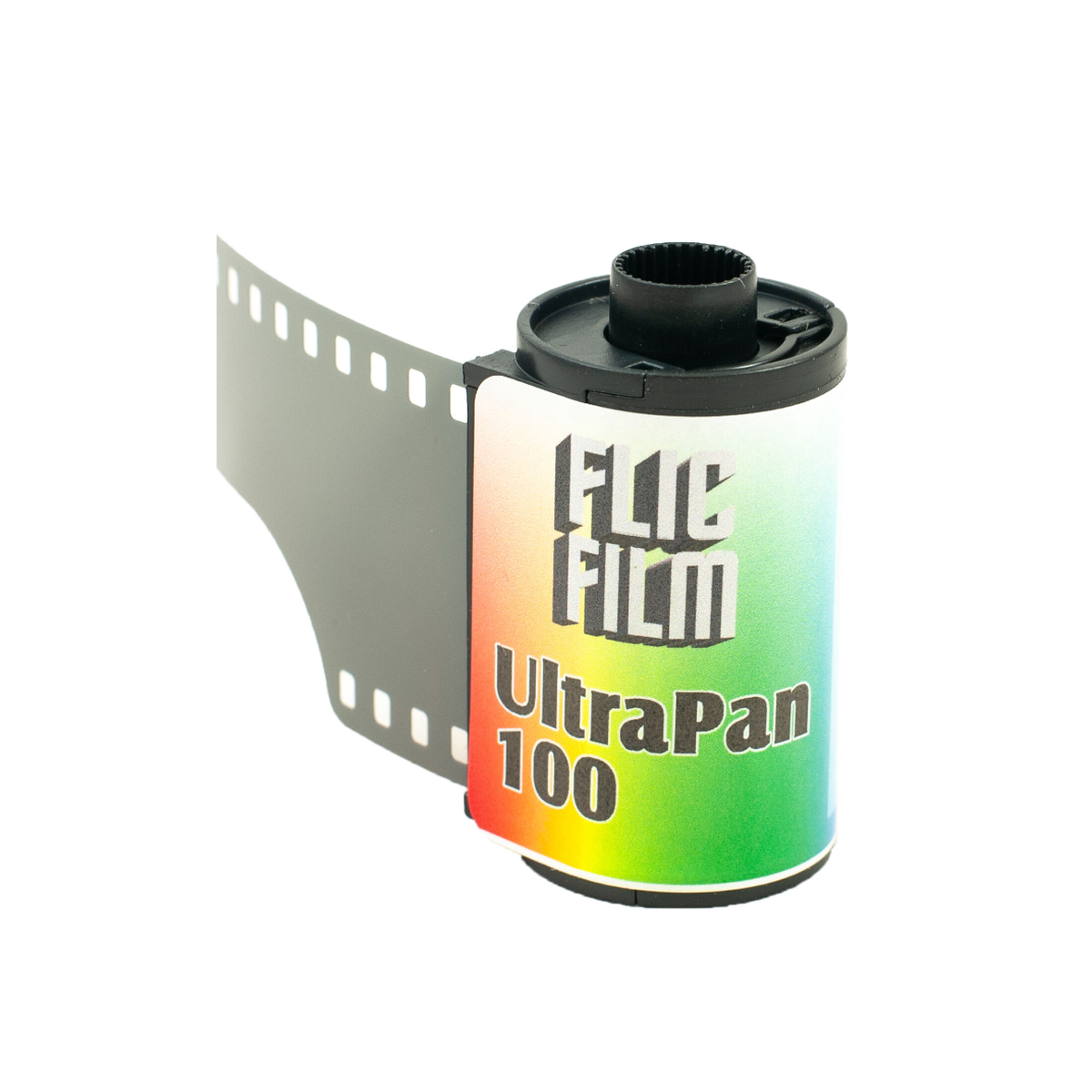 FLIC Film UltraPan 100 35mm black and white film roll with a colorful gradient label on a white background.