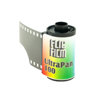 FLIC Film UltraPan 100 35mm black and white film roll with a colorful gradient label on a white background.