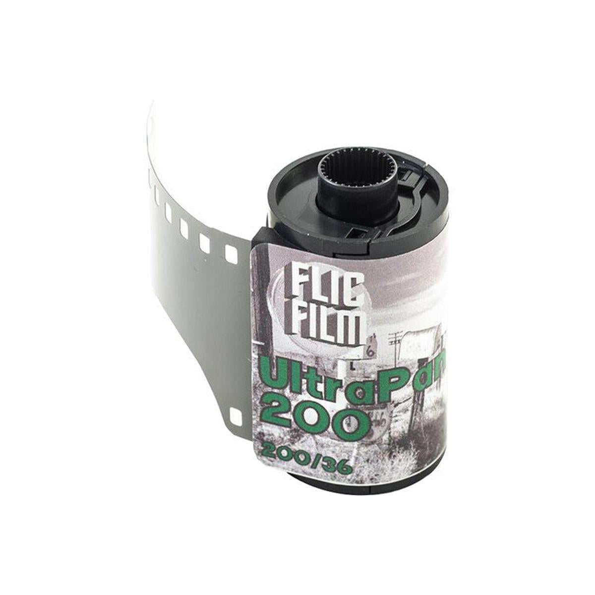 FLIC Film UltraPan 200 ISO 35mm black and white film canister with a partially extended film strip on a white background.