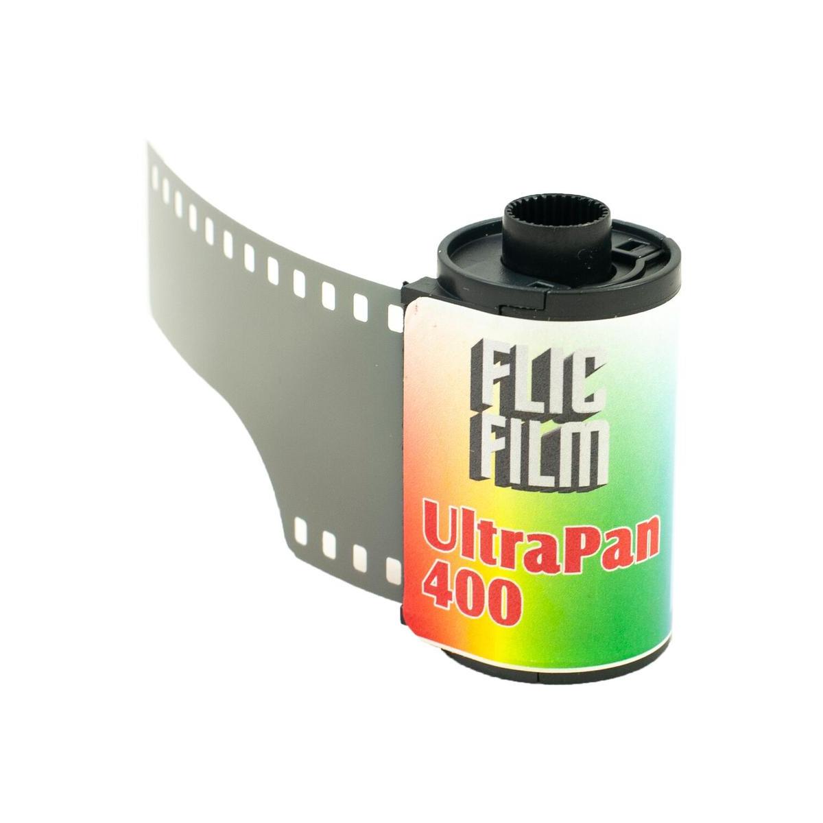FLIC Film UltraPan 400 35mm black and white film canister with a colorful gradient label and extended film leader.