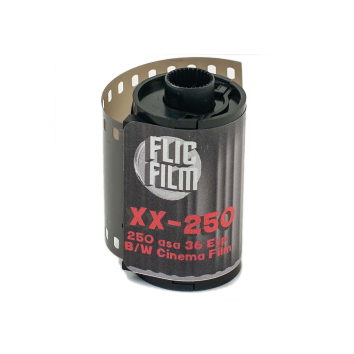 Flic Film XX 250 ISO 35mm black and white film cartridge with a black plastic canister and branded label.