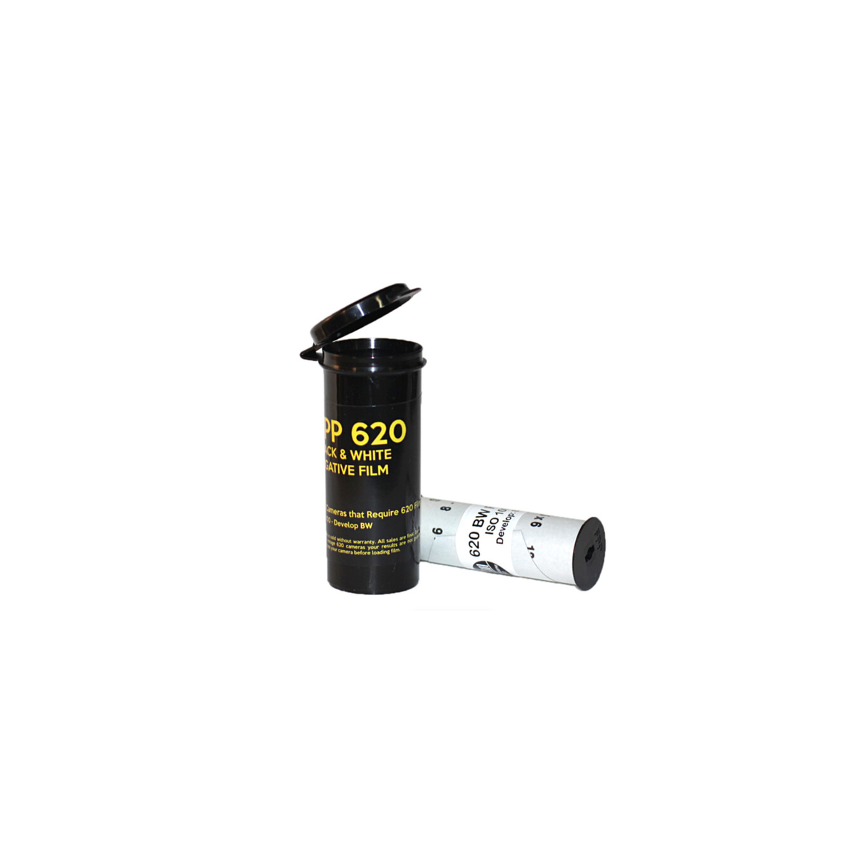FPP Basic 100 ISO black and white 620 film roll in a black plastic storage canister with yellow text.