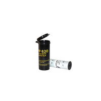 FPP Basic 100 ISO black and white 620 film roll in a black plastic storage canister with yellow text.