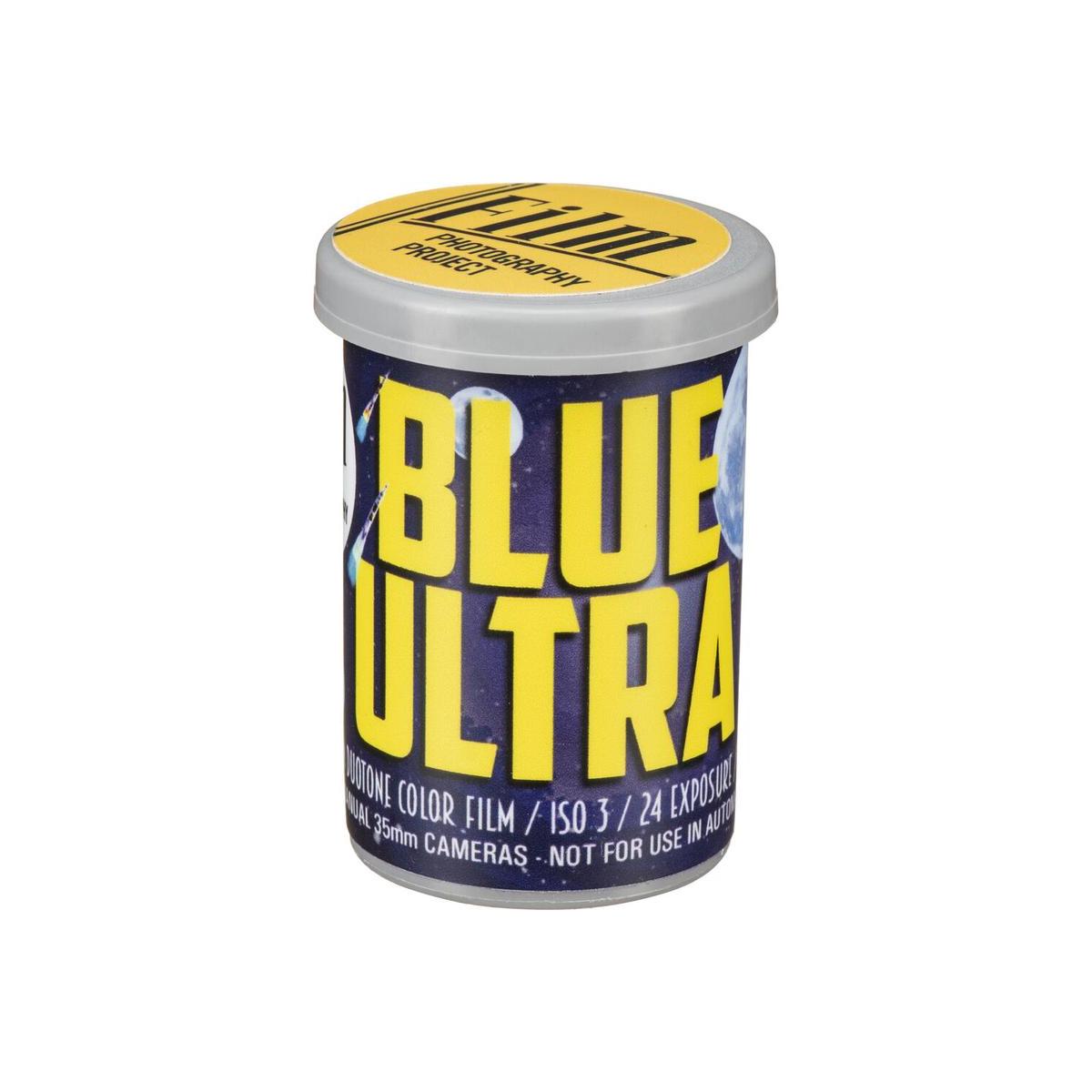 FPP Blue Ultra 3 ISO 3 color 35mm film canister with bold yellow text on a blue label and a grey plastic cap.