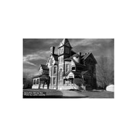 Black and white architectural photograph of a Victorian house, captured with sharp detail using FPP Derev Pan 400 film.