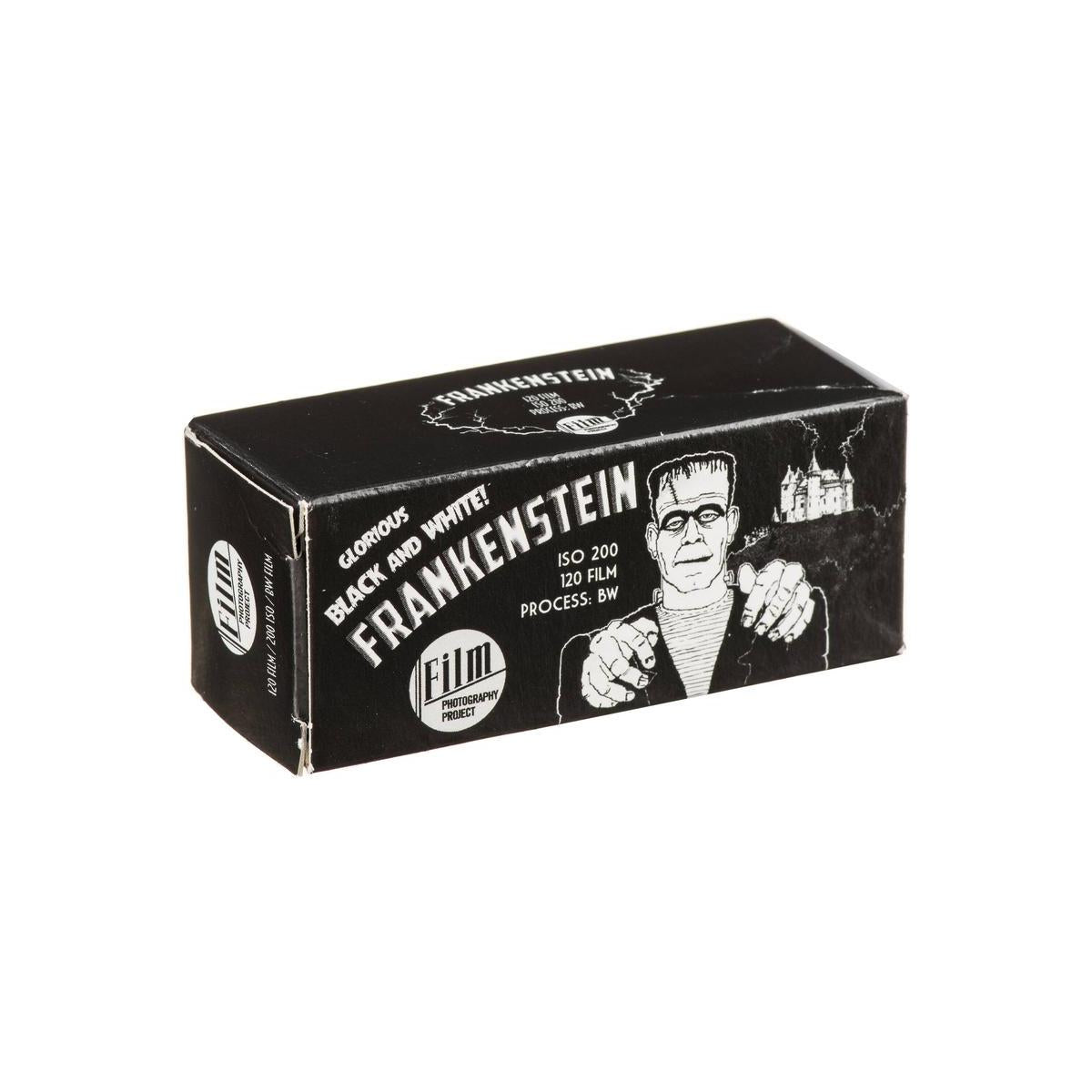 Black and white box of FPP Frankenstein 200 ISO 120 medium format film featuring a classic monster illustration.