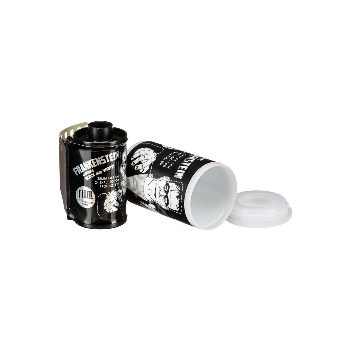 FPP Frankenstein 200 ISO 35mm black and white film canister with a white plastic cap and illustrated label.
