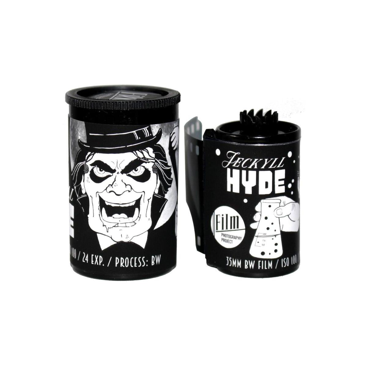 FPP Jekyll/Hyde 100 ISO 35mm black and white film canister and matching storage container with vintage character art.