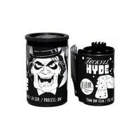 FPP Jekyll/Hyde 100 ISO 35mm black and white film canister and matching storage container with vintage character art.